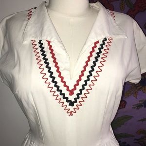 Elegant White Midi Dress with Red and Black Accents patio dress